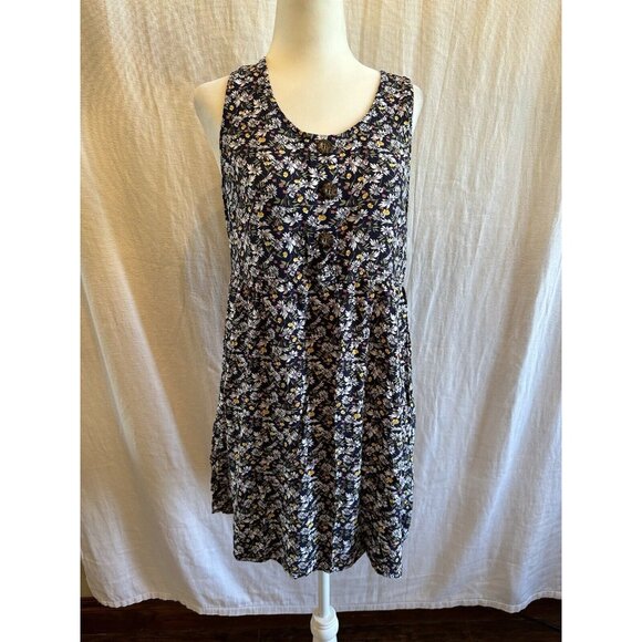 AUW Sundress Womens Medium Floral Navy Blue Floral Stretch Buttons Casual Flirty - Picture 1 of 7